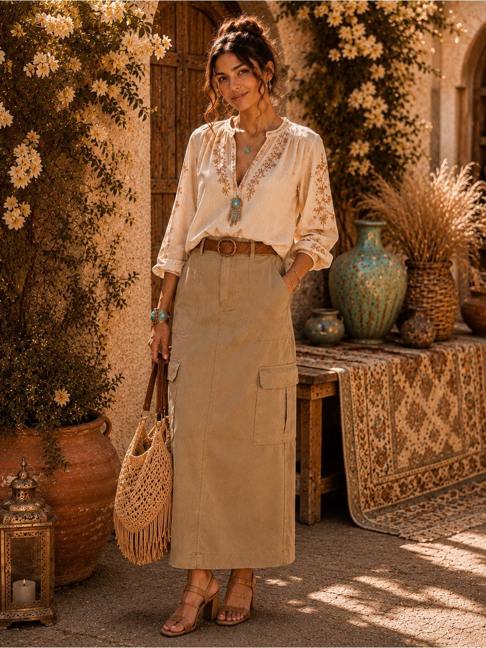 NWT | Universal Thread Tan Utility Cargo Maxi Skirt | Modern Utility | Neutral